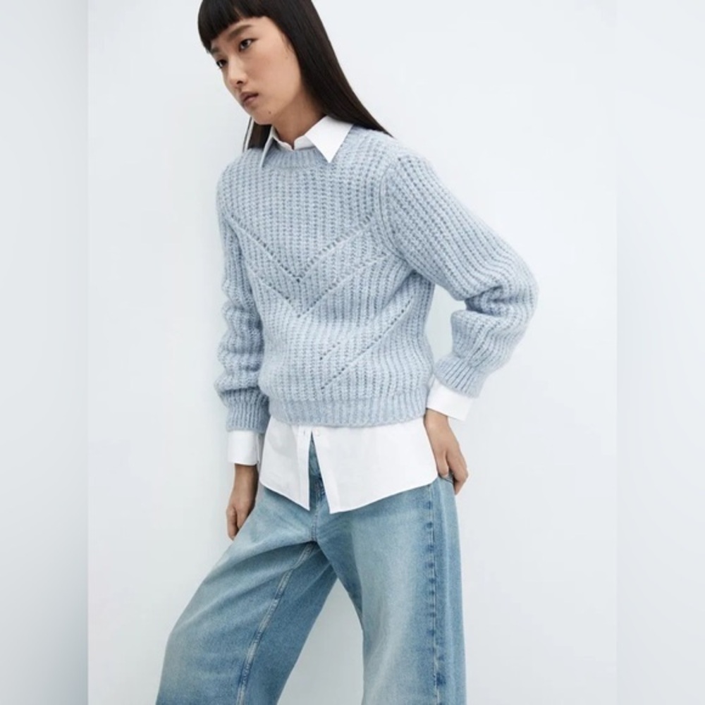 Mango Gatito Textured Jumper Blue Chunky Knit Sweater Size M